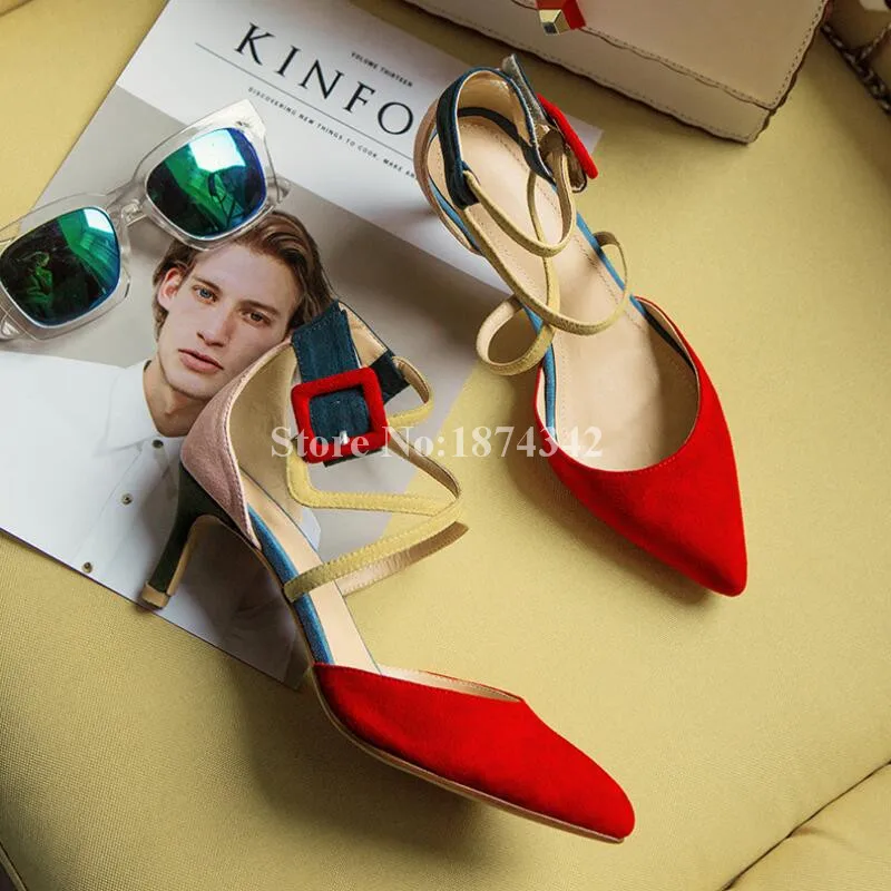 

2018 Summer Newest Mixed Color Pointed Toe Cover Heel Square Buckle Strap 5.5cm Heel And 9cm Heel Cross-Tied Fashion Women Shoes