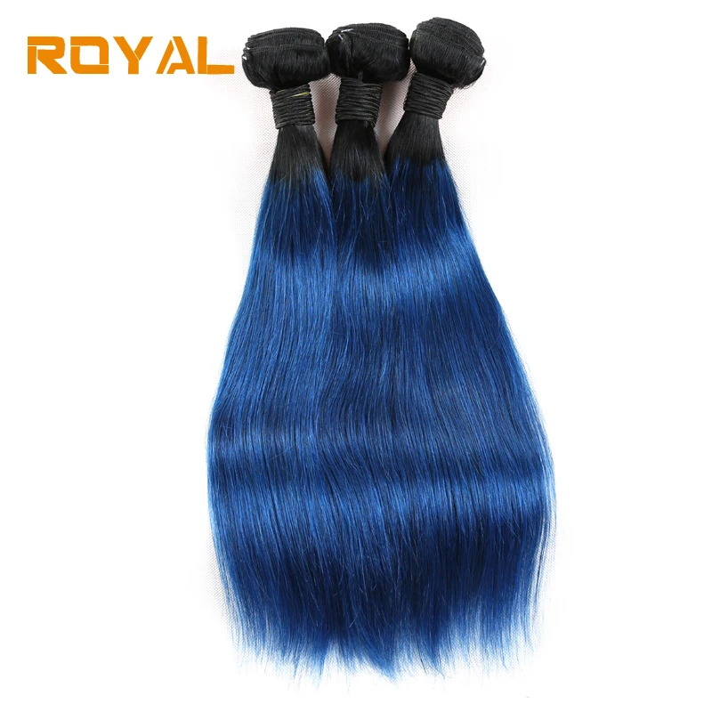 

Pre-Colored Brazilian Ombre T1b/Blue Straight 100% Human Hair Wave 3 Bundles smooth Non Remy Royal Hair Weft