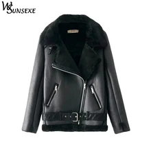 Модные замшевые пальто из искусственной кожи новые зимние женские повседневные мотоциклетные утепленные меховые куртки на молнии Верхняя одежда