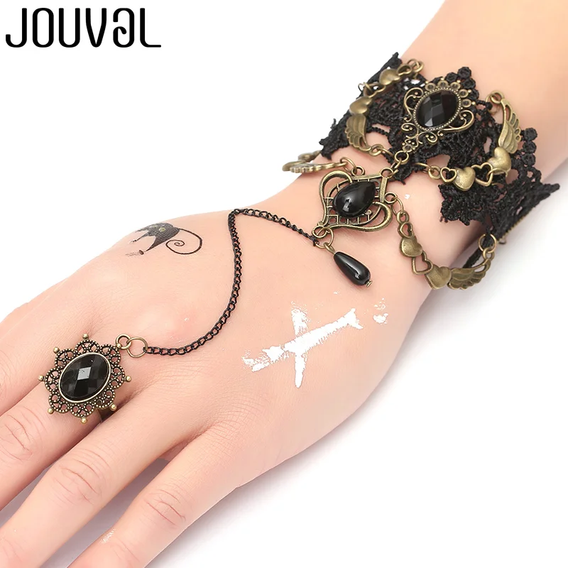 JOUVAL готический браслет для женщин, черный кружевной браслет-цепочка на палец, металлический кристалл, роза, шарм, стимпанк, Женские винтажные ювелирные изделия