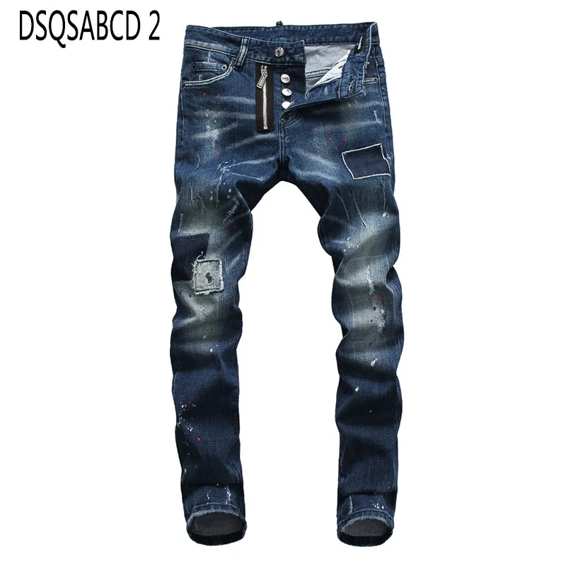 

European American famous brand Italy jeans men slim jeans Men denim trousers button Patchwork blue hole jeans pant for men 8010