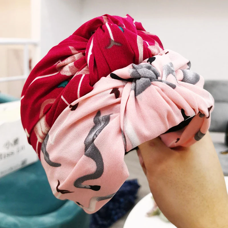 Головные уборы Модные женские эластичные широкие повязки на голову шифоновые горячие новые аксессуары для волос Скрещенные тюрбан повязки для волос с принтом фламинго