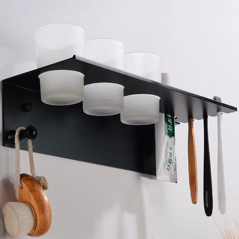 Toothbrush Holder Black Aluminum Bathroom Shelves Decorative Bathroom Accessories Toothbrush Holder Set With 3 Cup Wall Mounted
