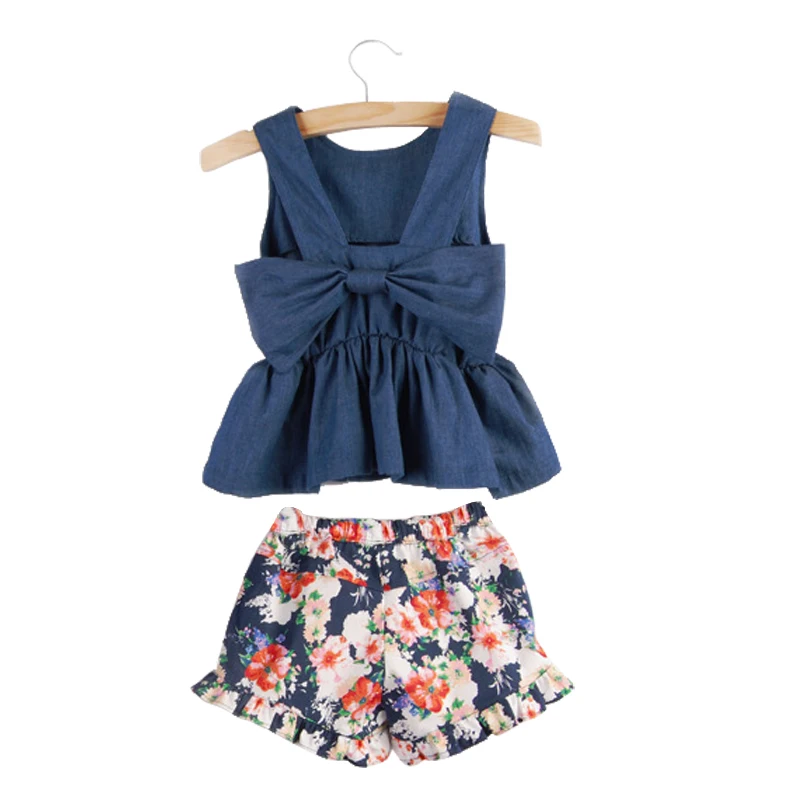 

2019 new summer teenage girls sleeveless bow t-shirt print short pants 2 pcs sets 4-14 Yrs big girls Bohemia style Beach clothes