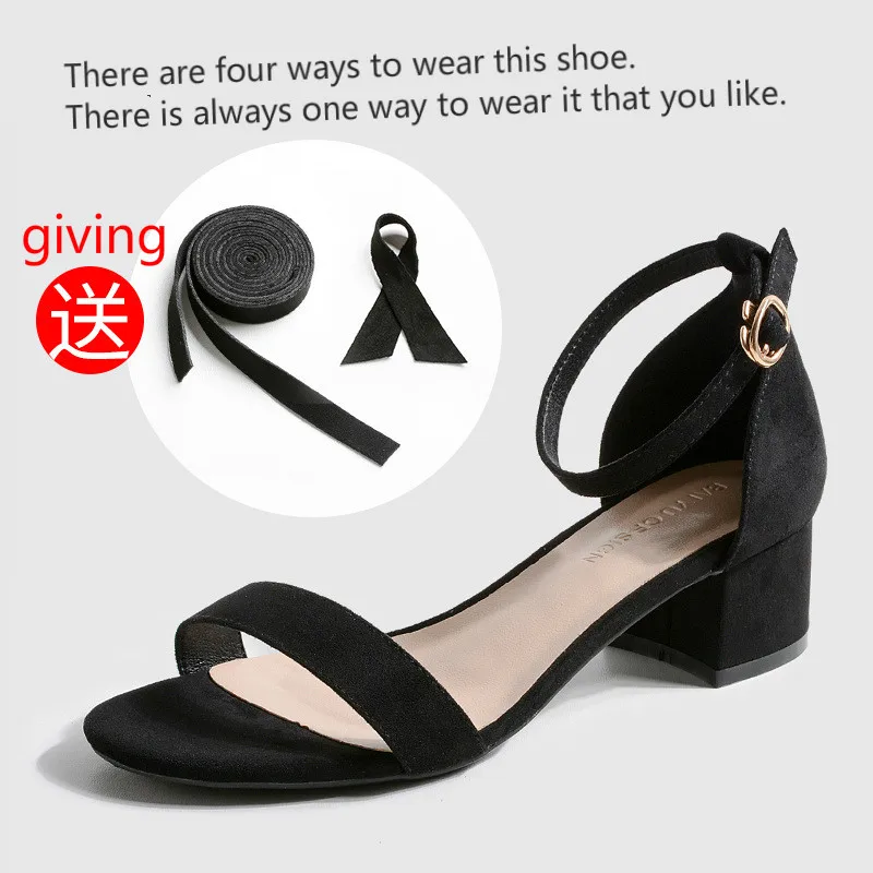 

Sweet Brand Women Shoes Woman Sandals Basic Flock Lace-Up Solid Ankle Strap Square Heel Riband Concise Dress A434A