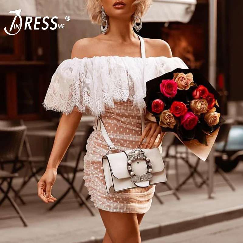 

INDRESSME 2019 Summer New Fashion Off The Shoulder Lace Short Sleeves Mesh Dot Ruffle Bodycon Lady Club Women Party Mini Dress