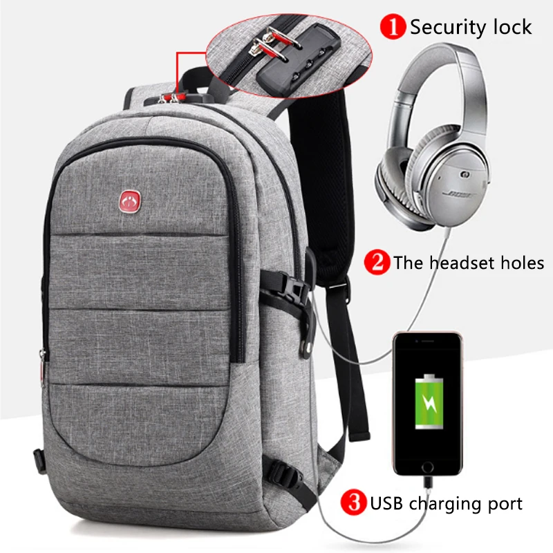 Anti-theft Coded Lock Men/'s Laptop Backpack USB Charging Port Laptop School Bag