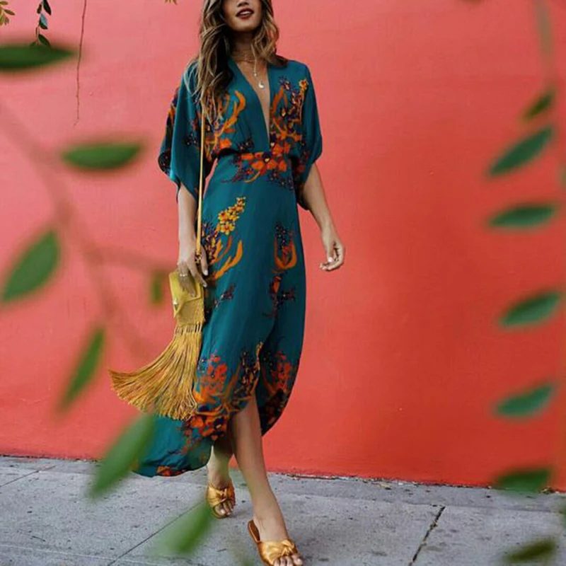 

Summer Beach Maxi Dress Women Floral Print Boho Maxi Dress Loose Casual Deep V-Neck Split Sexy Party Dress Robe Femme SJ3500Y