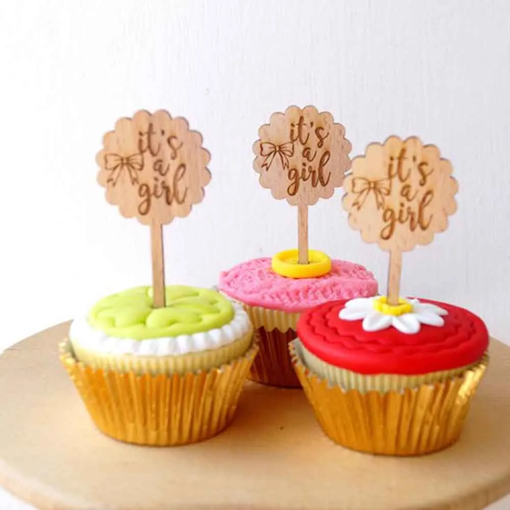 10pcs It's a girl cupcake toppers Baby shower cupcake toppers rustic wooden cupcake picks baby happy birthday party cupcake decor1