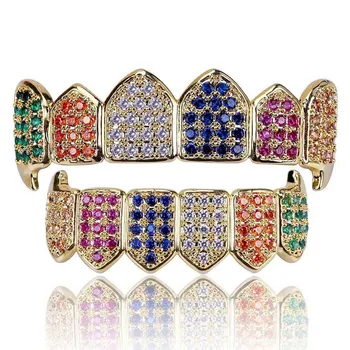 

Multicolour Teeth Grillz Iced Out AAA Zircon Top & Bottom Tooth Set Men Women Gifts Fashion Vampire Tooth Grillz