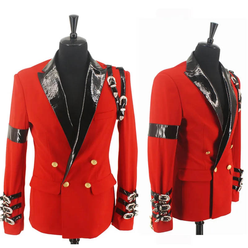 

Cool MJ Michael Jackson BAD Casual Award Ceremony Red Suit Blazer Punk Buckle Cool Jacket XXS-4XL