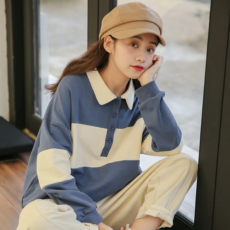 

Color Block Patchwork Polo Shirt Women Autumn Korean Loose Casual Pullover Sweatshirt Turn Down Collar Shirt Outerwear Womens
