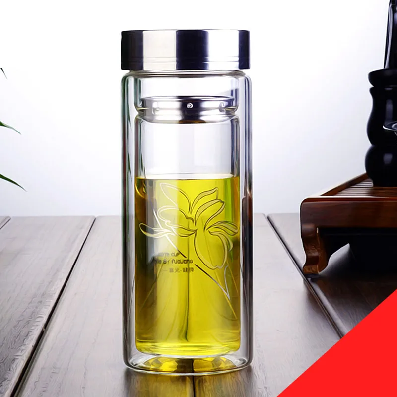 Double wall Glass water bottle 320ml hand warm Business Sport