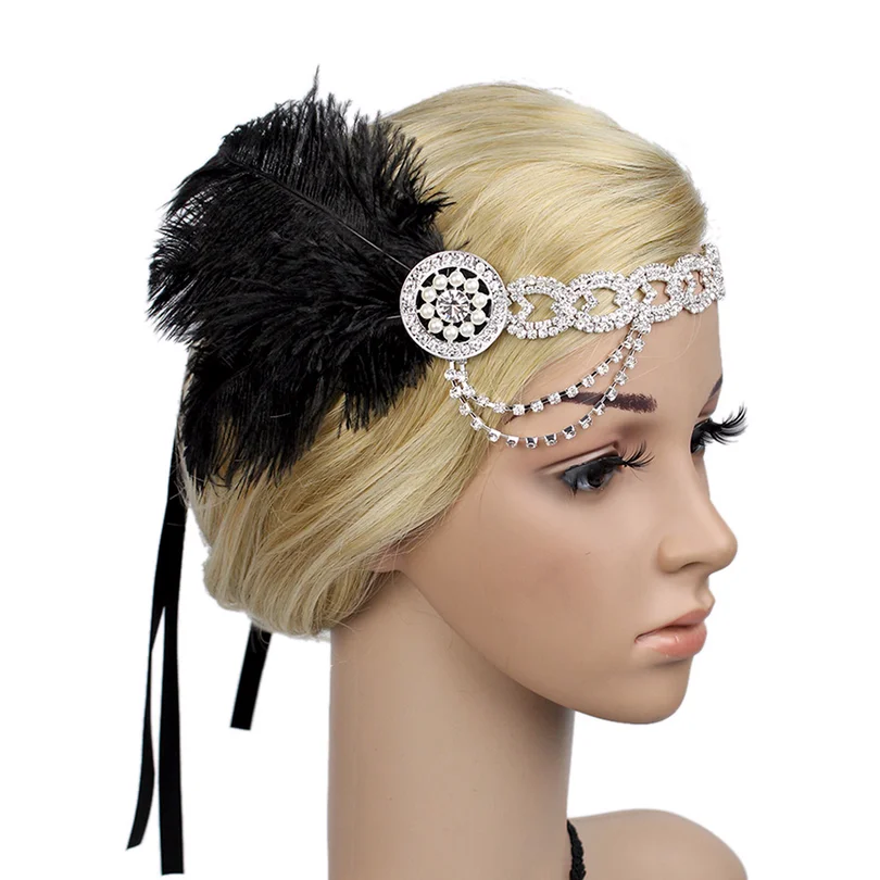 

1920s Flapper Headpiece with Feathers Vintage Style Antique Rhinestone Tassels Chains Headband The Great Gatsby Hair Piece