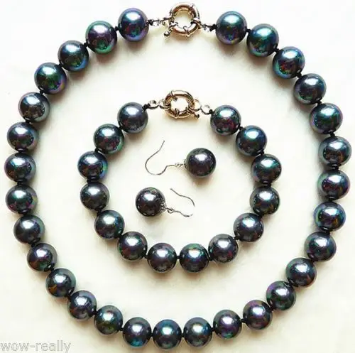 

Hot sale new Style >>>>Pretty 14mm Black Round South Sea Shell Pearl Necklace Bracelet Earring A Set