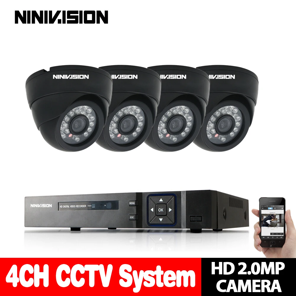 NINIVISION Security Camera System Home 4CH 1080P AHD TVI CVI Black Dome indoor CCTV Camera 4 channels Video Surveillance kits