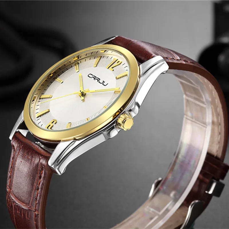 

CRRJU Luxury Brand Genuine Leather Band Men Watches Stainless steel scale Wristwatch High quality Quartz Watch relogio masculino