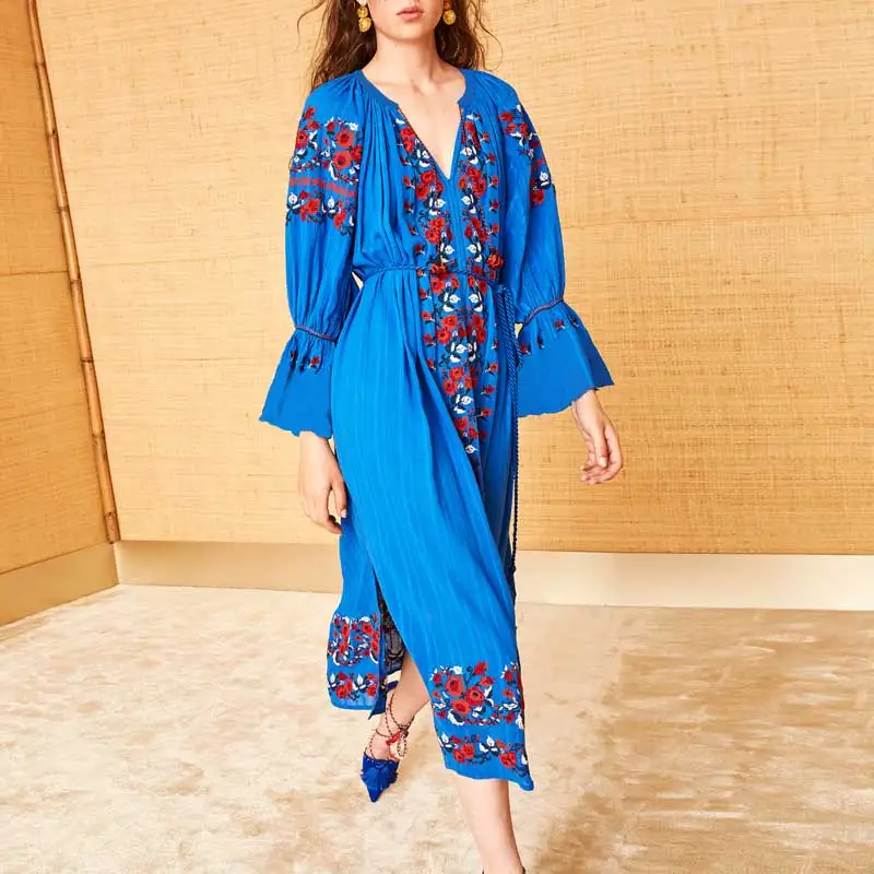 

BOHO INSPIRED folk embroidered Blue Dress Bell sleeve long dress for women ukraine V-neck tassel Spring Summer Dress 2019