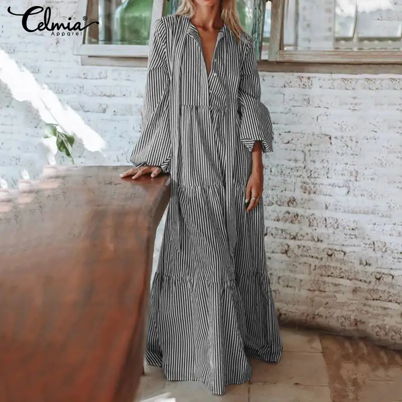 

Women Striped Maxi Long Dress Robe 2019 Celmia Female Lantern Sleeve Bohemian Dress Casual Loose Tie Pleated Shirt Vestidos 5XL