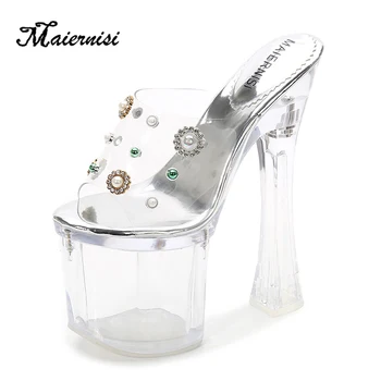 

MAIERNISI Plus Size Women Slipper Crystal Heel Platform Outside Slides Transparent High Heel Slipper Womens Sexy Nightclub Shoes