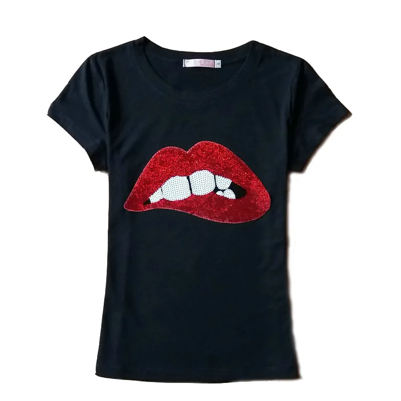 

Tshirt 2019 Summer Spring Fashion T shirt Women Sequined Embroidered Red Lips Short-Sleeved T-shirt Female Tops Tee