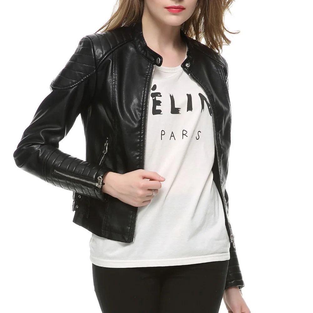 Online 2020 Mode Frauen Elegante Zipper Faux Leder Biker Jacke in Braun Schwarz Dünne Damen Mantel Casual marke Motorrad Leder Mantel