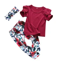 Комплект из 3 предметов; летняя одежда для маленьких девочек; топы с короткими рукавами и оборками+ штаны с цветочным принтом+ повязка на голову; комплект одежды для новорожденных