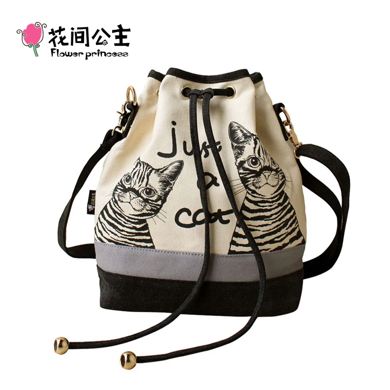 Bolsas de Ombro Flor Princesa Marca Gato Impresso Lona String Senhoras Espanhol Balde Bolsa Crossbody Meninas Borse Feminina