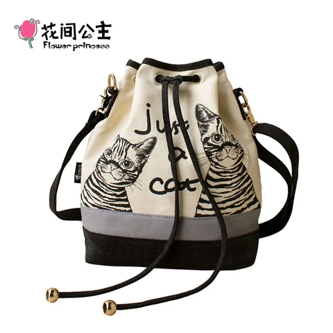 Bolsas de Ombro Flor Princesa Marca Gato Impresso Lona String Senhoras Espanhol Balde Bolsa Crossbody Meninas Borse Feminina