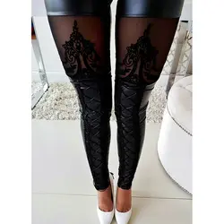 Черный из искусственной кожи кружева карандаш брюки Для женщин эластичные с высокой талией длинные брюки Модные пикантные уличная узкие