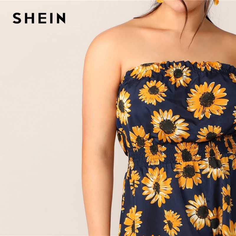 SHEIN плюс комбинезон с принтом подсолнуха гофрированная Талия без рукавов
