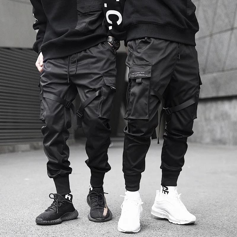 ZongCheng pants Men Multi-Pocket Elastic Waist Design Harem Pant Men Streetwear Punk Hip Hop Casual Trousers,Black,L