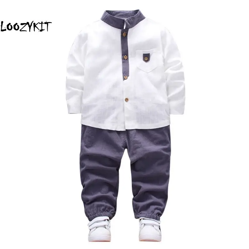 

Loozykit Children's Set Long Sleeve Spring And Autumn Chinese Style Cotton And Linen Solid Color Pocket Stand Collar Suit