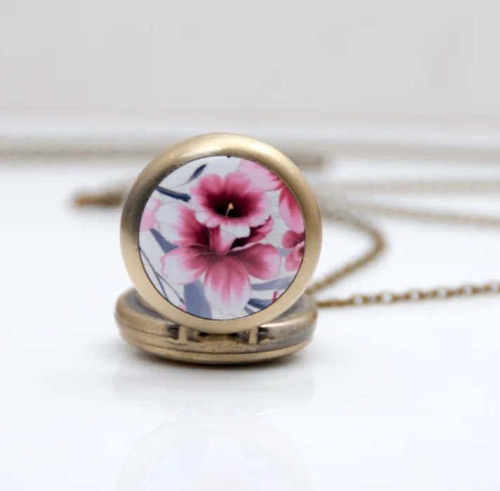Мода кварцевые карманные часы Цепочки и ожерелья подвеска Для женщин часы Бронзовый красочный цветок дерева Картина античный длинная цепь