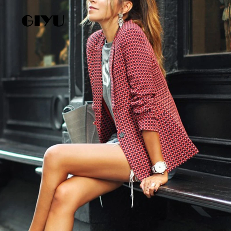GIYU Spring Red Women Plaid Printing Blazer Long Sleeve Notched Jackets Sexy Slim Tops Casual camiseta mujer