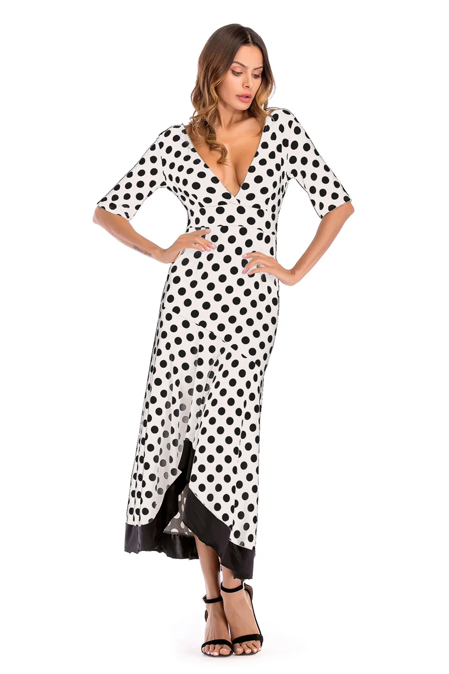 Gladiolus New Autumn Women Long Dress Half Sleeve Deep V-Neck Sexy Backless Polka Dot Ruffles Hem Maxi Dress Robe Femme Ete 2018 (15)
