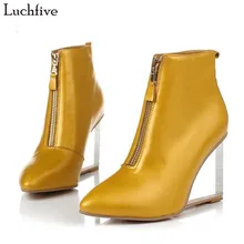 Короткие боты Mujer прозрачный Crystal Clear танкетка Ботильоны передняя молния конского волоса кожа с острым носком женская обувь