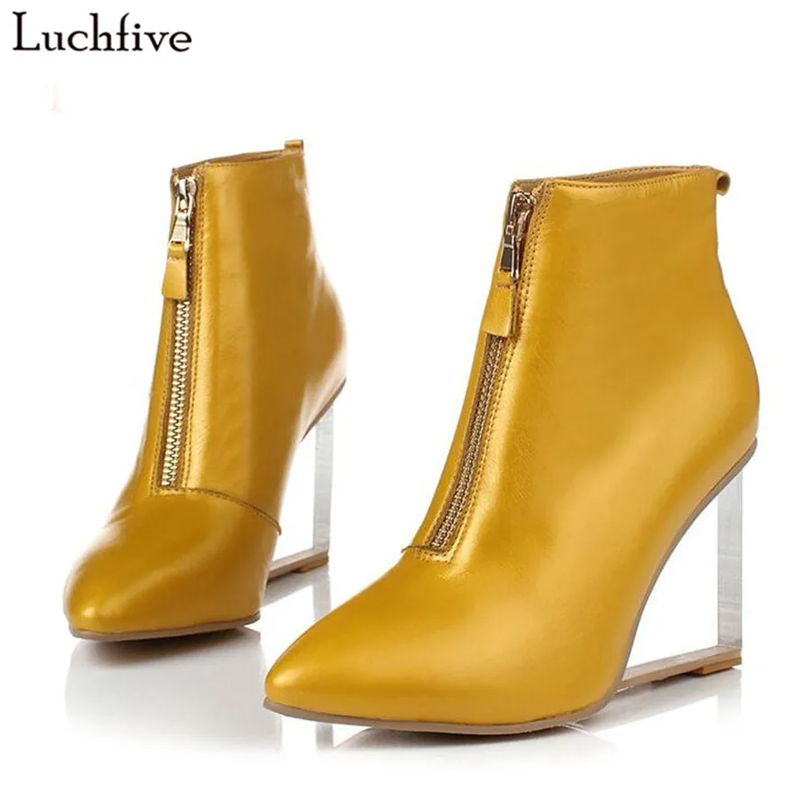 

2018 short Botas Mujer transparent crystal clear wedge heel Ankle Boots front zipper horsehair leather pointed toe shoes women