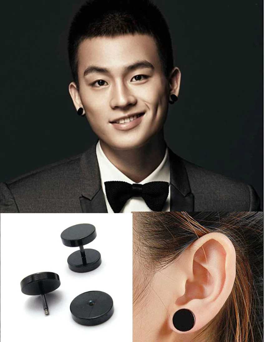 Punk Style 2pcs Medical Titanium Black Round Barbell Stud Earrings Men