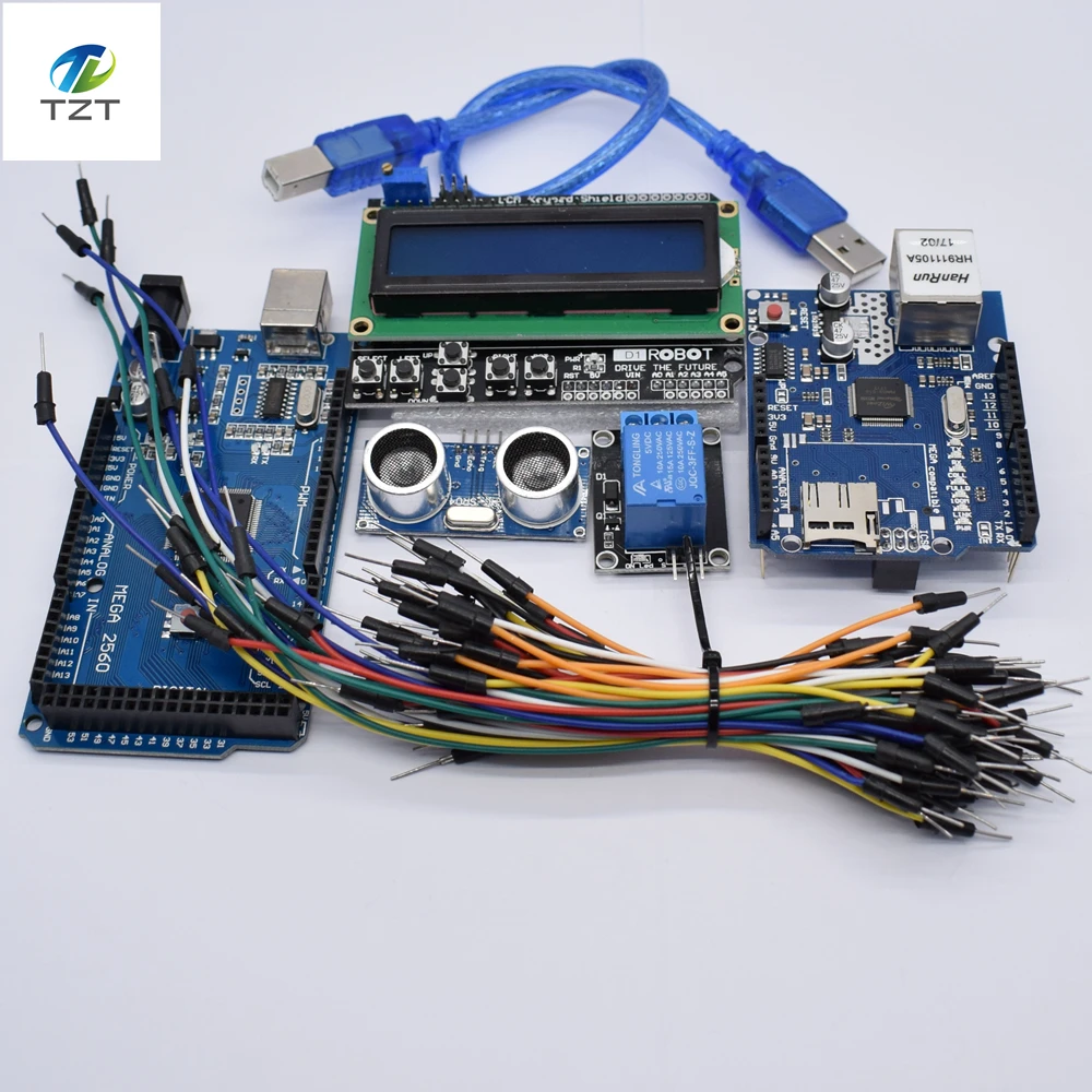 

Mega 2560 r3 for arduino kit + HC-SR04 +breadboard cable + relay module+ W5100 UNO shield + LCD 1602 Keypad shield