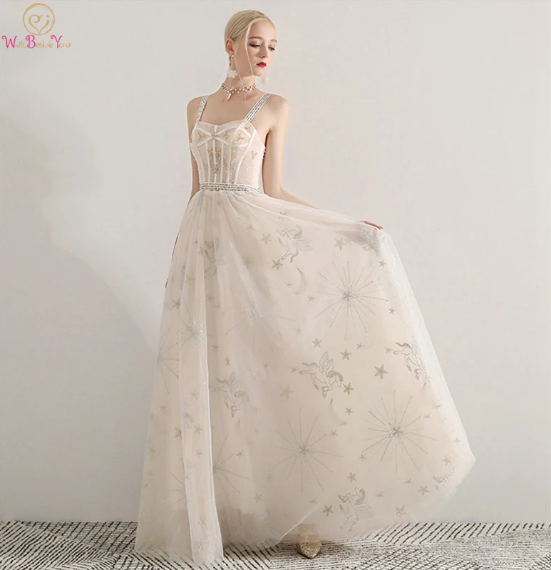 

Light Champagne Prom Dresses Simple Illusion Spaghetti Straps Tulle A-line Beading Lace Sleeveless Sweetheart Neck Floor Length