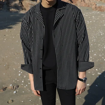 Long Sleeve Shirt Men Black White Vertical Striped Microfiber Smooth Casual Shirt Men Loose 2018 Autumn Harajuku Male Clothes contrast vertical striped shirt