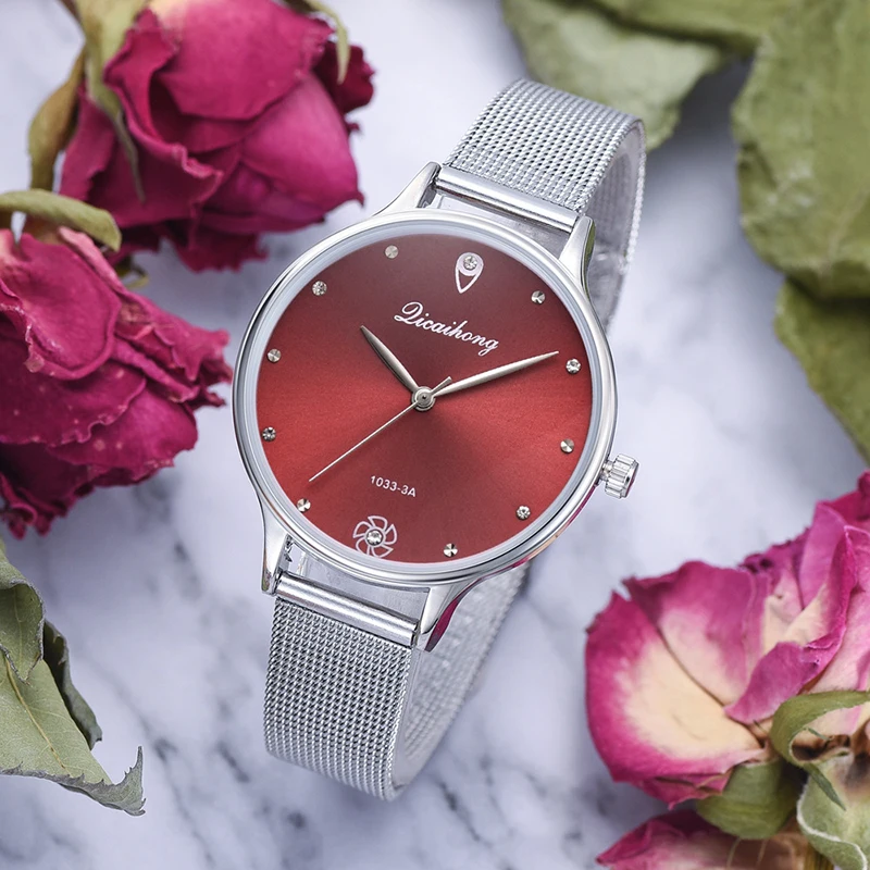 

Simple Women Red Watches Fashion Silver Mesh Strap Wrist watches Fashion Women's Steel Quartz Clock Female Gift Relogio Feminino