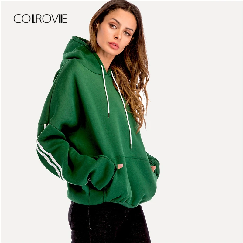 

COLROVIE Plus Size Green Casual Drop Shoulder Drawstring Pullover Hoodie Sweatshirt 2018 Autumn Women Streetwear Sweatshirts
