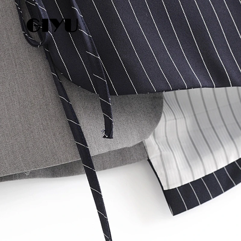 GIYU Autumn Women Patchwork Striped Blazer Long Sleeve Jackets Pockets Irregular Office Lady Casual Tie-up Bow camiseta mujer