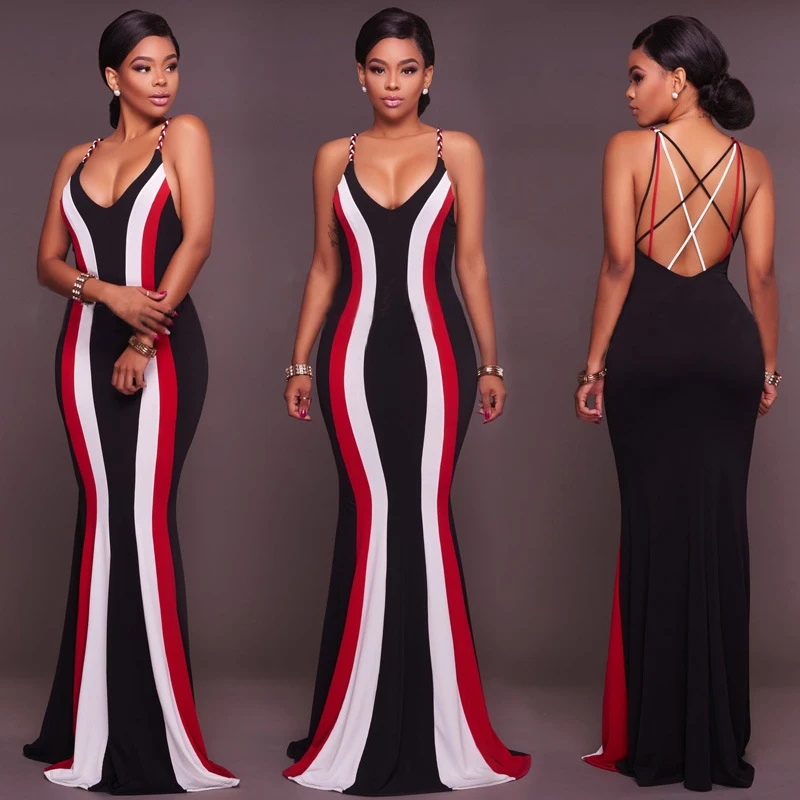 

New Fashion Colorblock Striped Insert Multi-Strap Dress Women Sexy long party dress