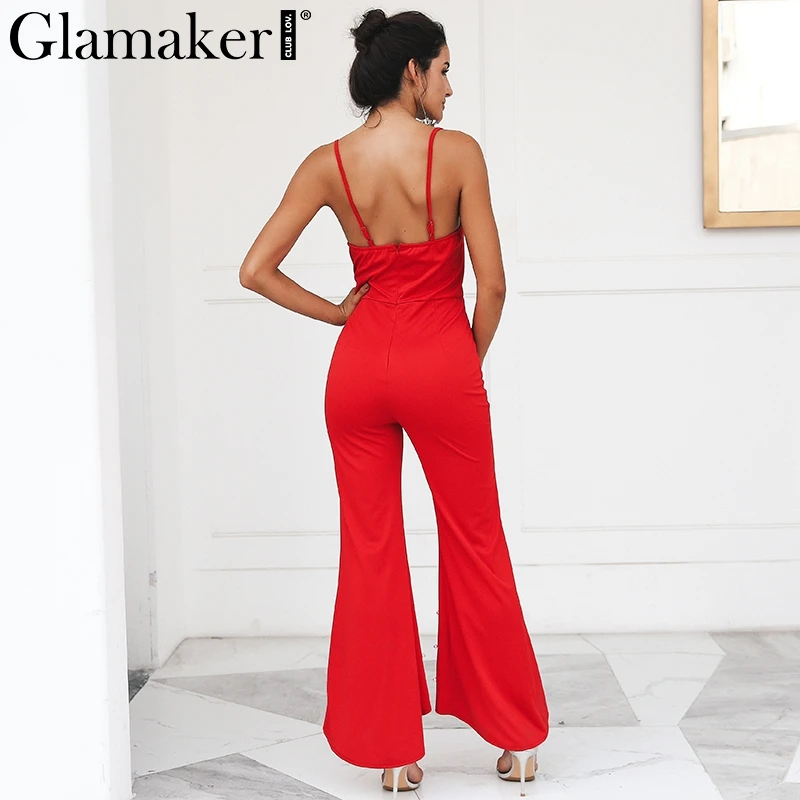 Glamaker Red pearl elegant sexy jumpsuit rompers Women bodycon backless party jumpsuit Spring feme casual long playsuit overalls