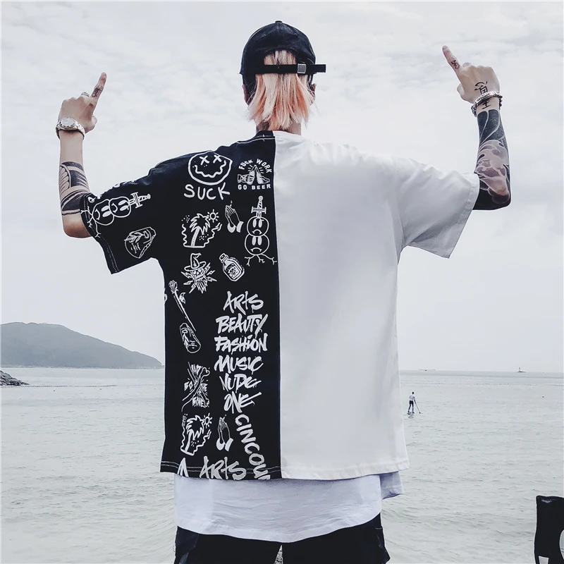 2019 летние черно белые футболки с принтом граффити Harajuku топы хип хоп Swag Tyga