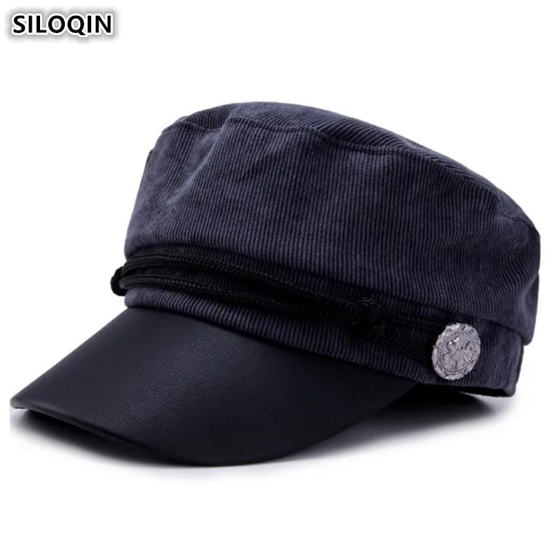 

SILOQIN Corduroy Retro Army Military Hats Elegant Women's Hat Fashion Vintage Flat Cap New Style Ladies Snapback Caps For Women