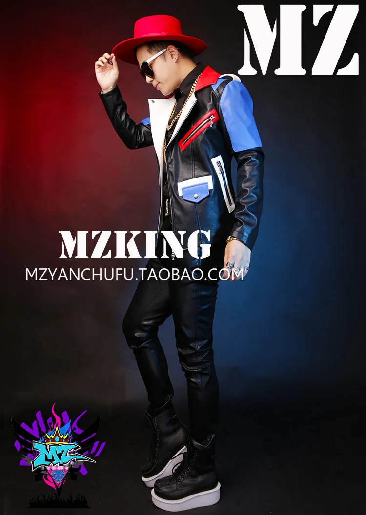 S-5XL Men Singers bigbang GD dancer dj stage motorcycle leather jacket coat MEN red white blue splice locomotive jacket costumes